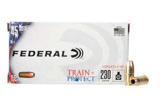 Federal Train and Protect 45 acp ammo features a hollow point bullet